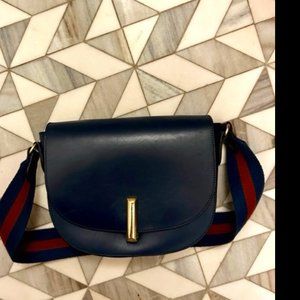 A.P.C. Navy Calfskin Leather Flap Bag With Striped Strap (Retails For $745)